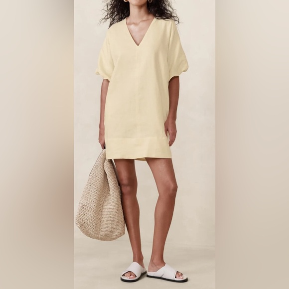 Banana Republic Dresses & Skirts - Banana Republic Livia Linen Puff Sleeve A-Line Mini Dress Size M Butter Yellow